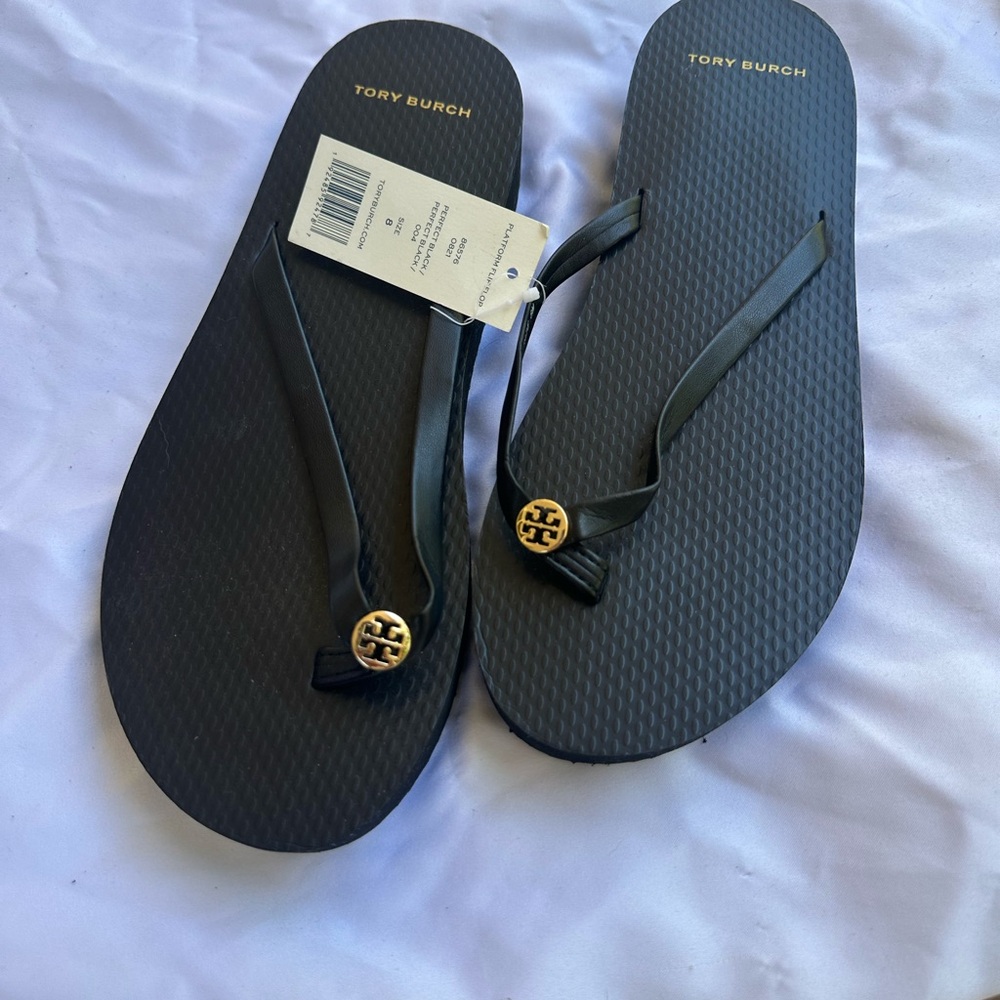 Tory Burch Black Sandals with Metallic Embellishments